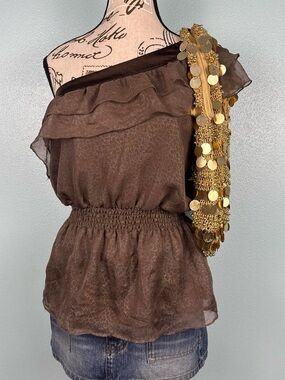 bebe Brown One-Shoulder Ruffle Peplum Top with Gold Accent